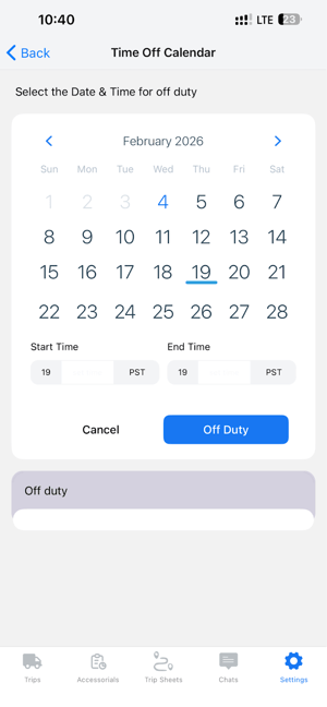 Time Off Calendar with dates, start and end time, and the Off Duty button