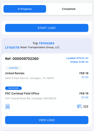 In Progress tab with the load to open