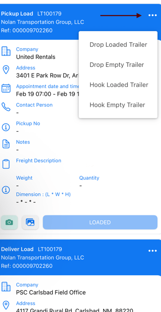 Stop menu with the four trailer actions